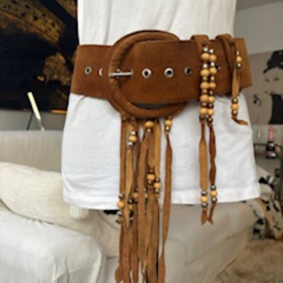Vintage Tan suede Fringe wide belt - Picture 2 of 5